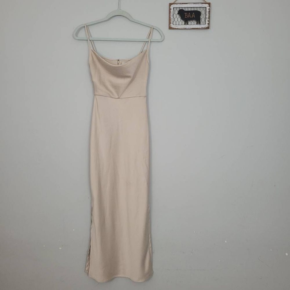 BHLDN Cali Satin Charmeuse Midi Dress Sz 0 Champaign Bridesmaid Side Slits